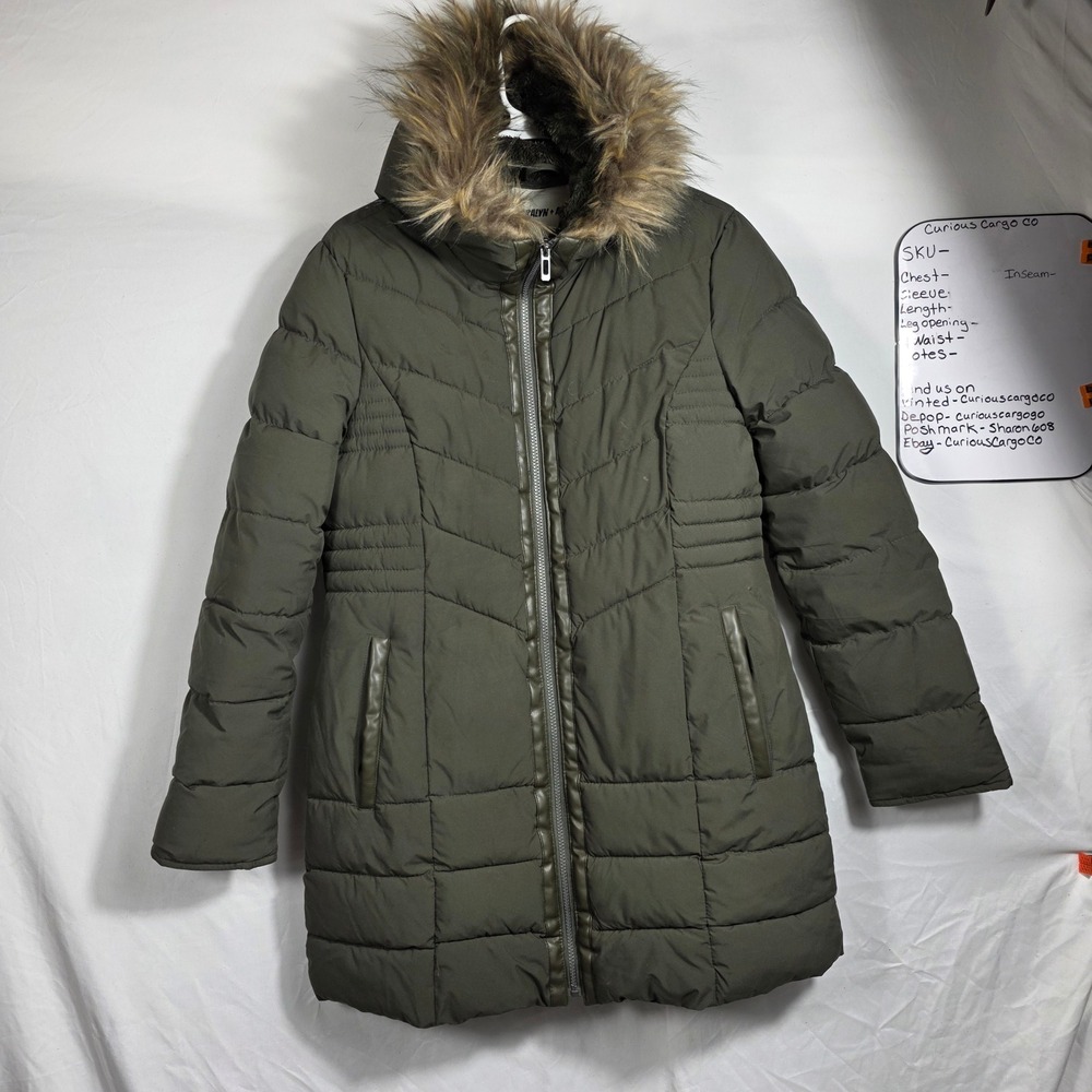 Maralyn + Me Olive Green Puffer Coat Faux Fur Hood Chevron Quilted Jacket Large